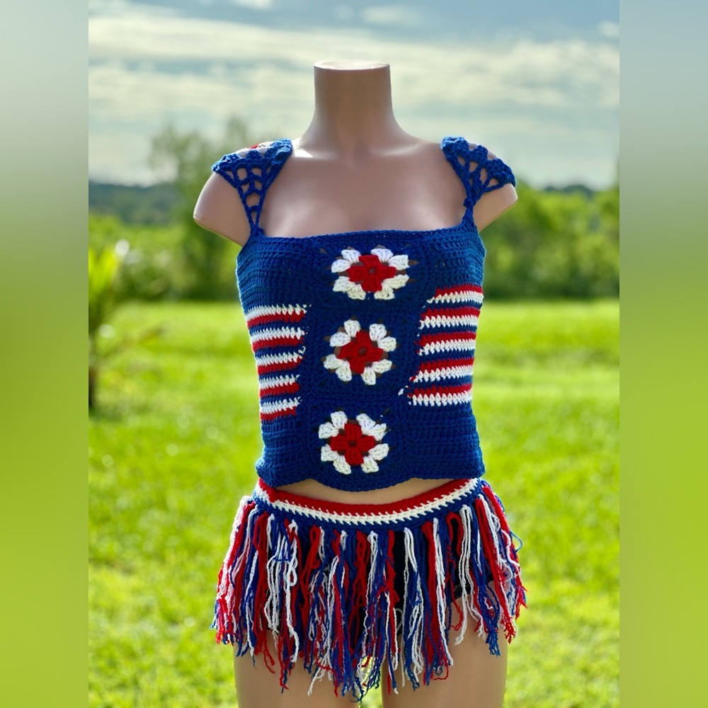 Handmade Crochet Granny Square Set – Red, White & Blue (Size M)